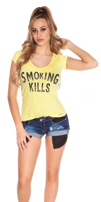 T-Shirt Smoking Kills with skull Yellow